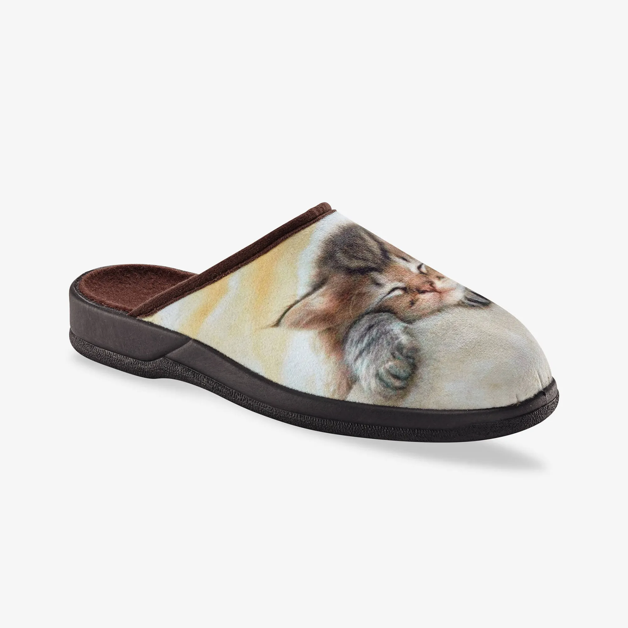 Sloffen|Sloffen<Blancheporte Pantoffels met "slapende kitten" fotoprint beige / bruin