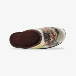 Sloffen|Sloffen<Blancheporte Pantoffels met "slapende kitten" fotoprint beige / bruin