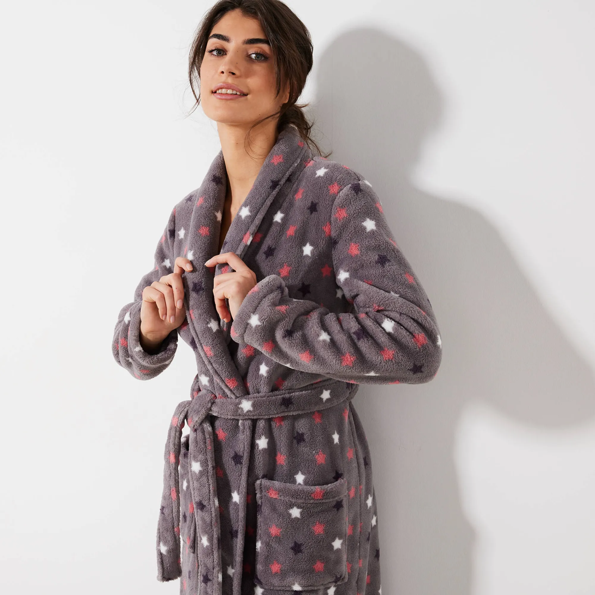 Peignoir En Kamerjas<Blancheporte Peignoir in fleece met pluchetouch - 130 cm lang, lange mouwen grijs / roze