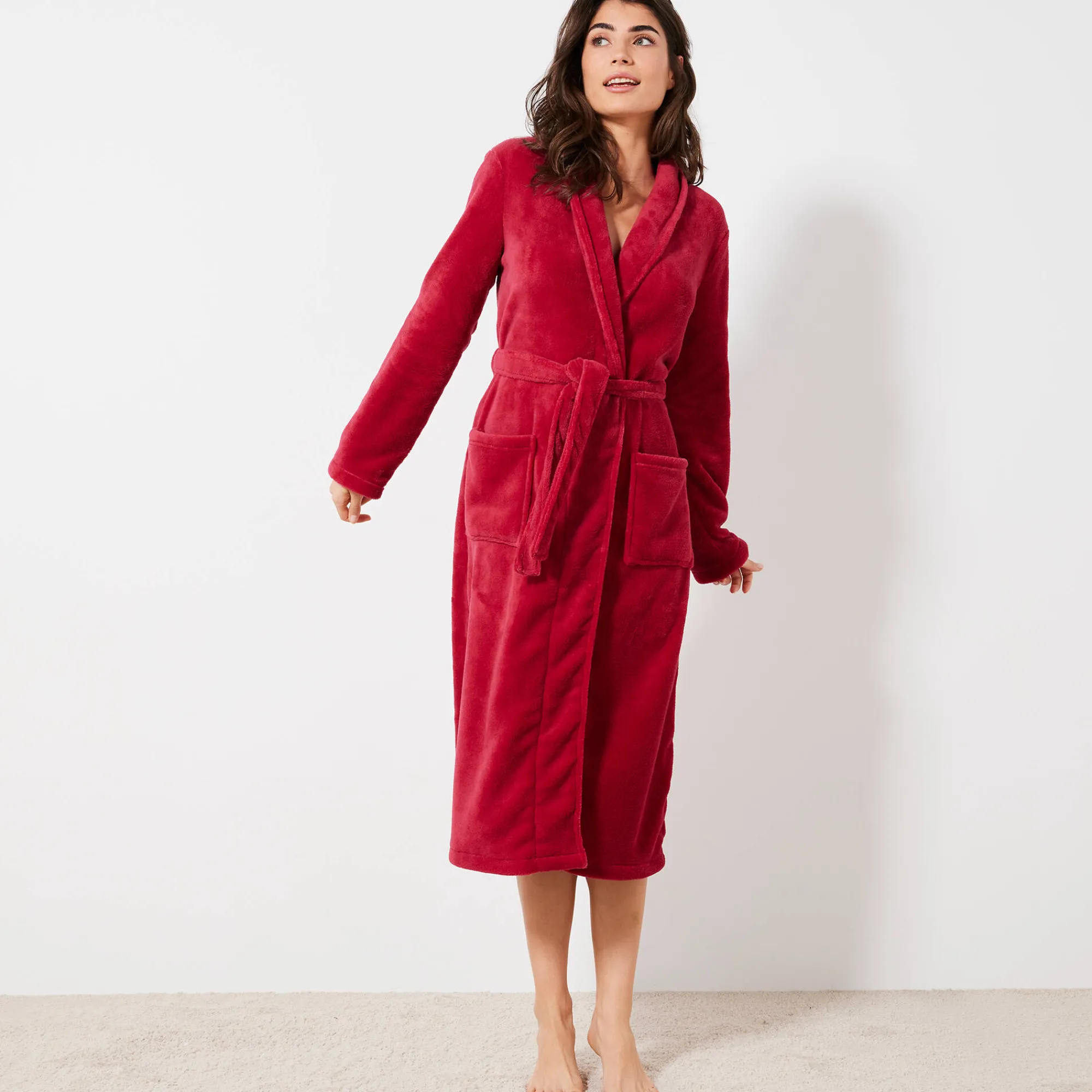 Peignoir En Kamerjas<Blancheporte Peignoir in fleece met pluchetouch - 115 cm lang, lange mouwen kersenrood