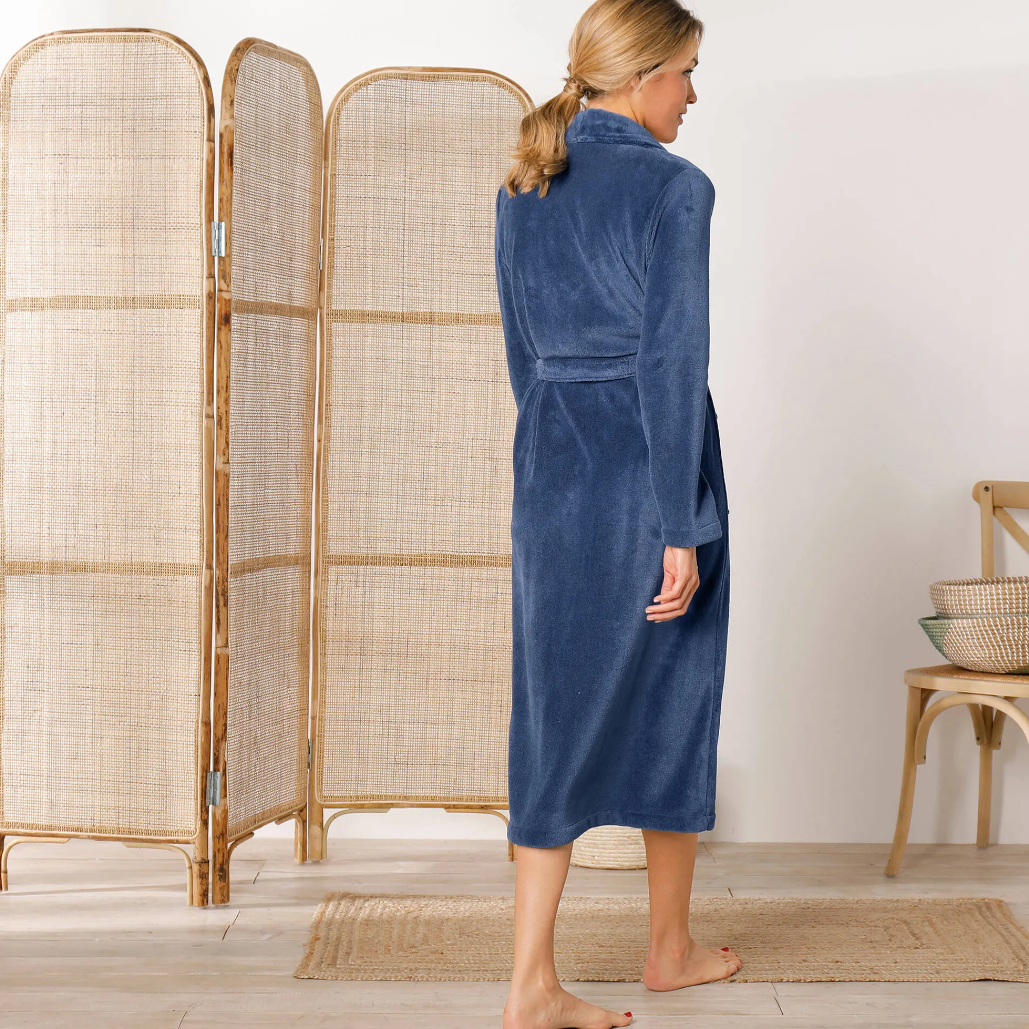 Peignoir En Kamerjas<Blancheporte Peignoir in fleece met pluchetouch - 115 cm lang, lange mouwen blauw