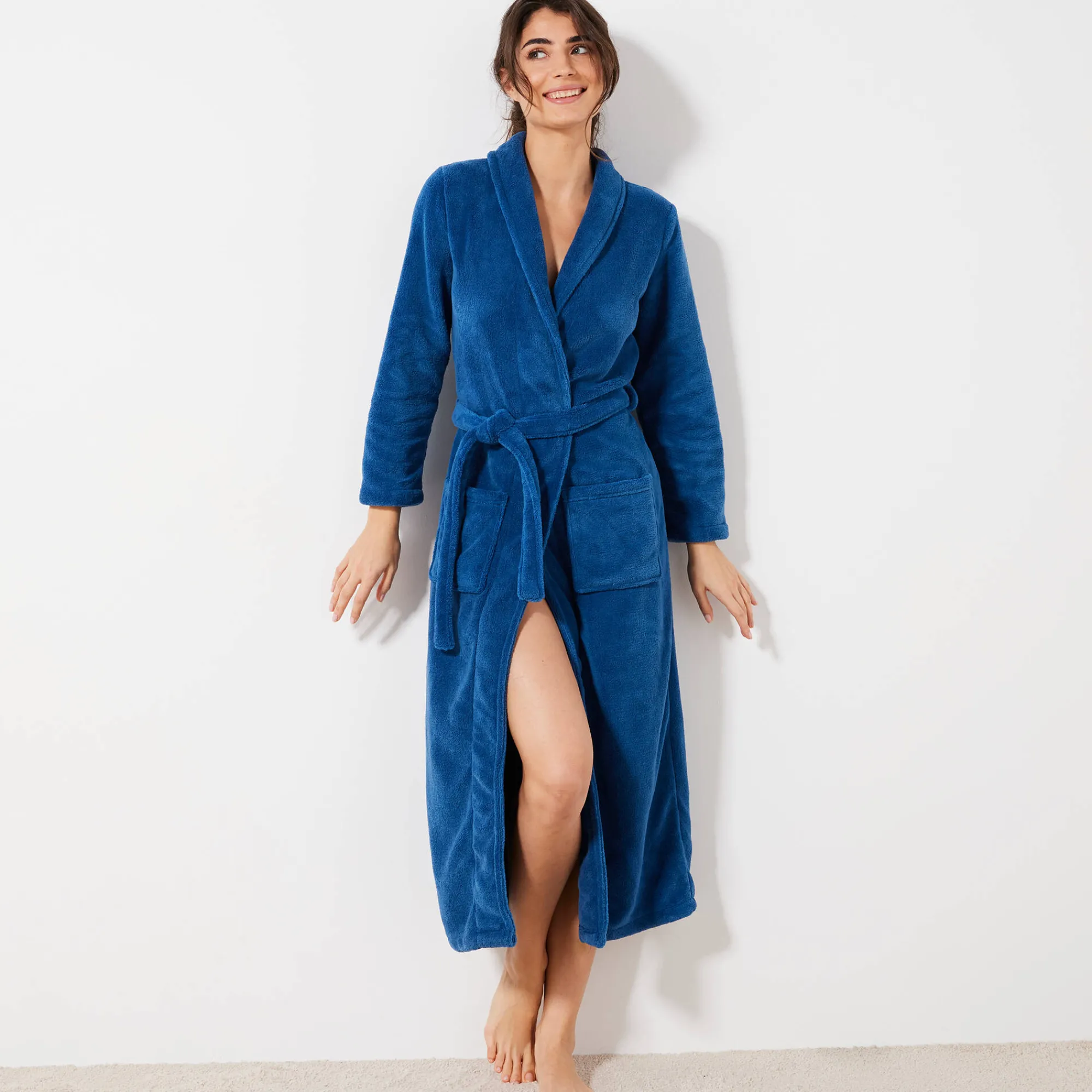 Peignoir En Kamerjas<Blancheporte Peignoir in fleece met pluchetouch - 130 cm lang, lange mouwen blauw