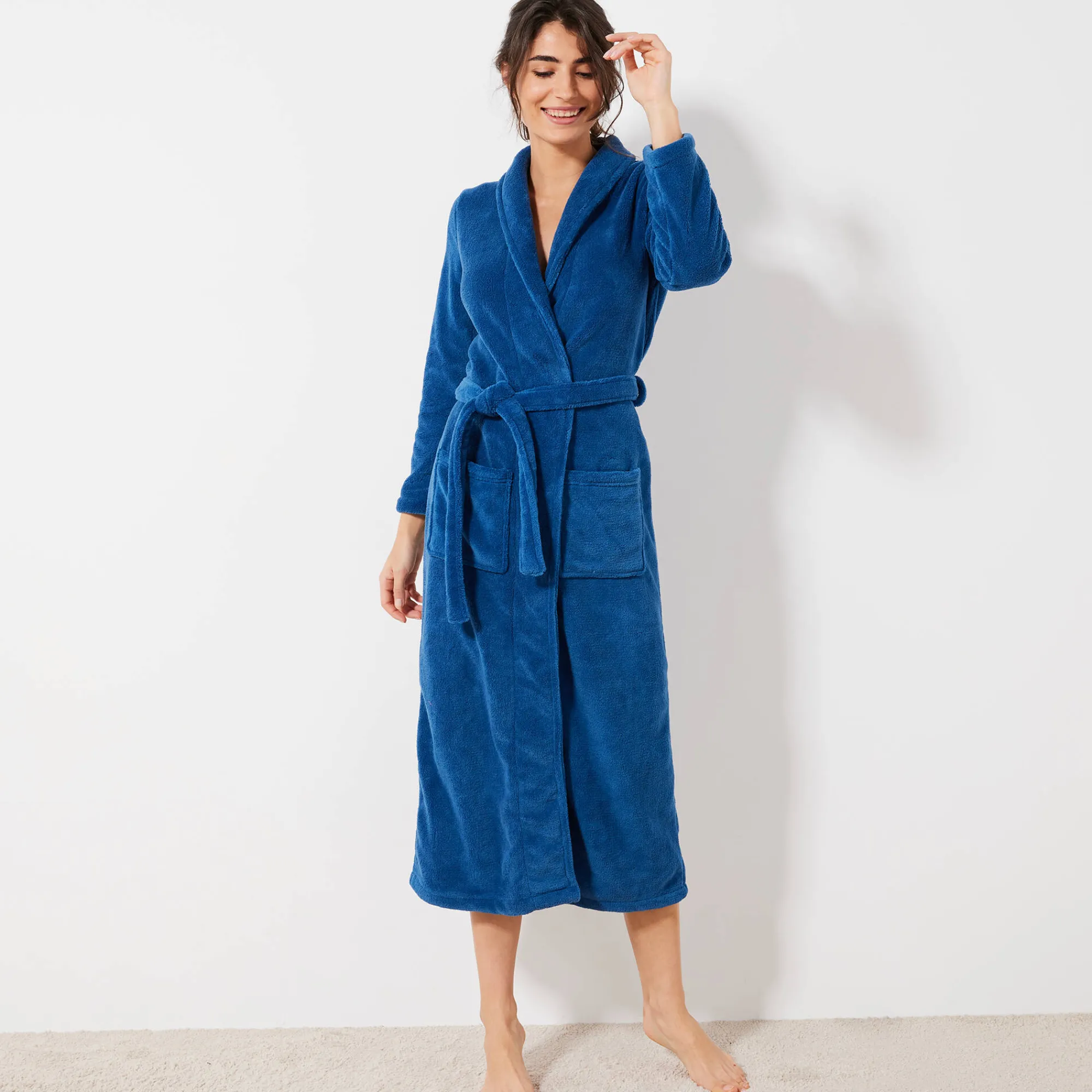 Peignoir En Kamerjas<Blancheporte Peignoir in fleece met pluchetouch - 130 cm lang, lange mouwen blauw