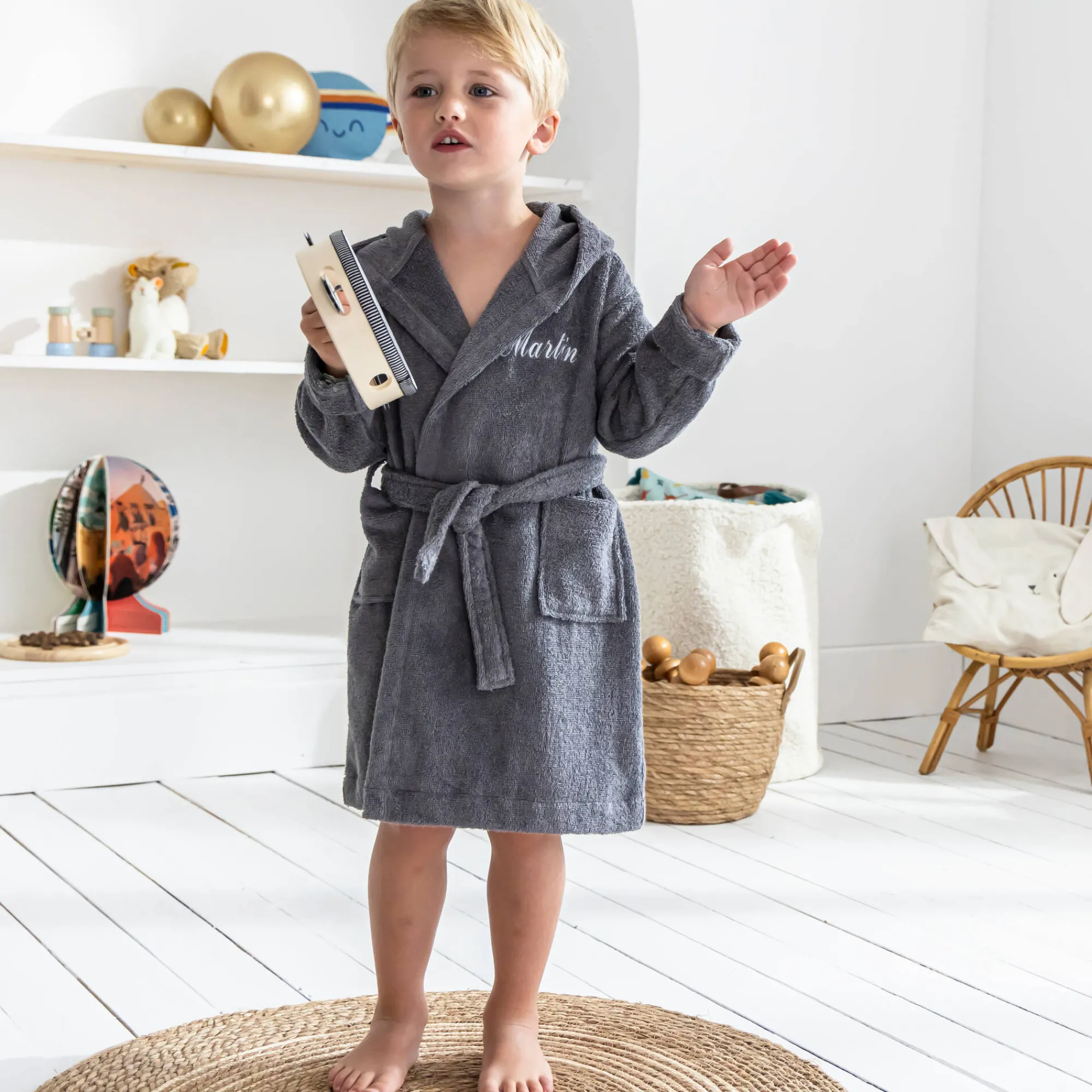 Badjas|Handdoek En Badlaken Kids<Colombine des petits Personaliseerbare badjas voor kinderen, wasbeer grijs