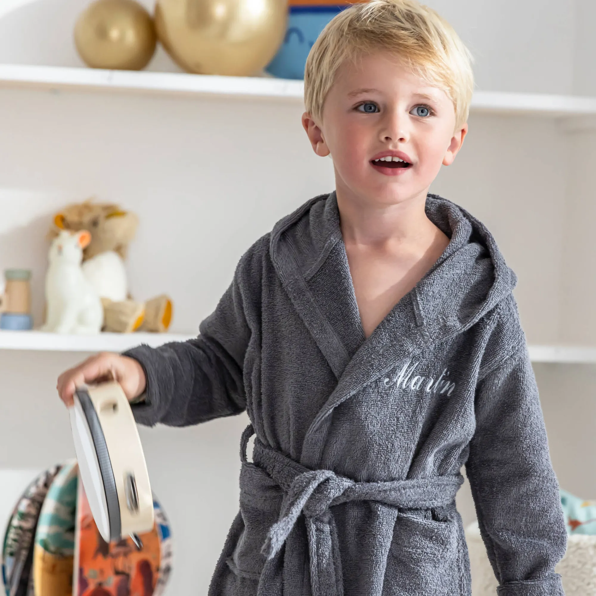 Badjas|Handdoek En Badlaken Kids<Colombine des petits Personaliseerbare badjas voor kinderen, wasbeer grijs