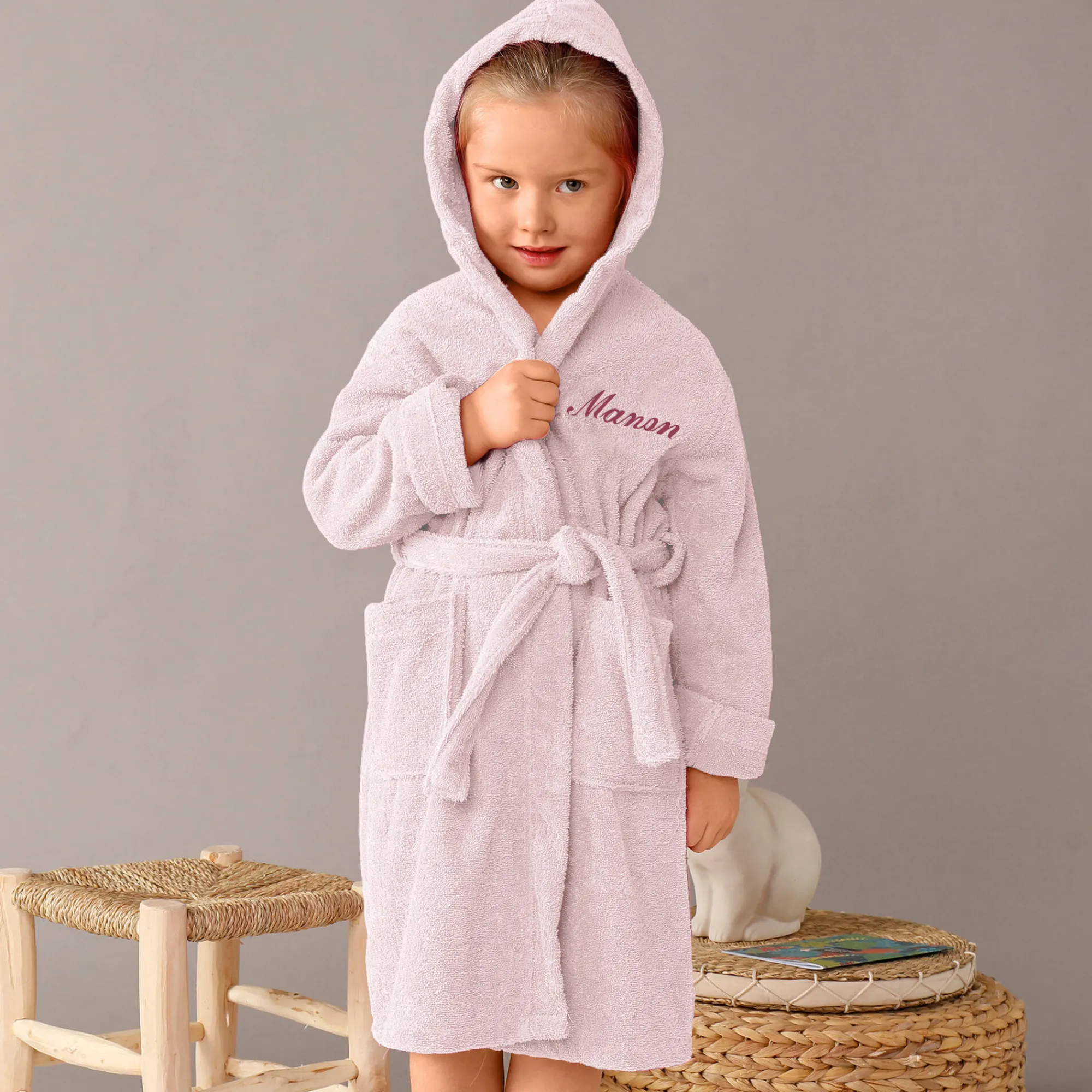 Badjas|Handdoek En Badlaken Kids<Colombine des petits Personaliseerbare badjas met kap in badstof, kinderen roze