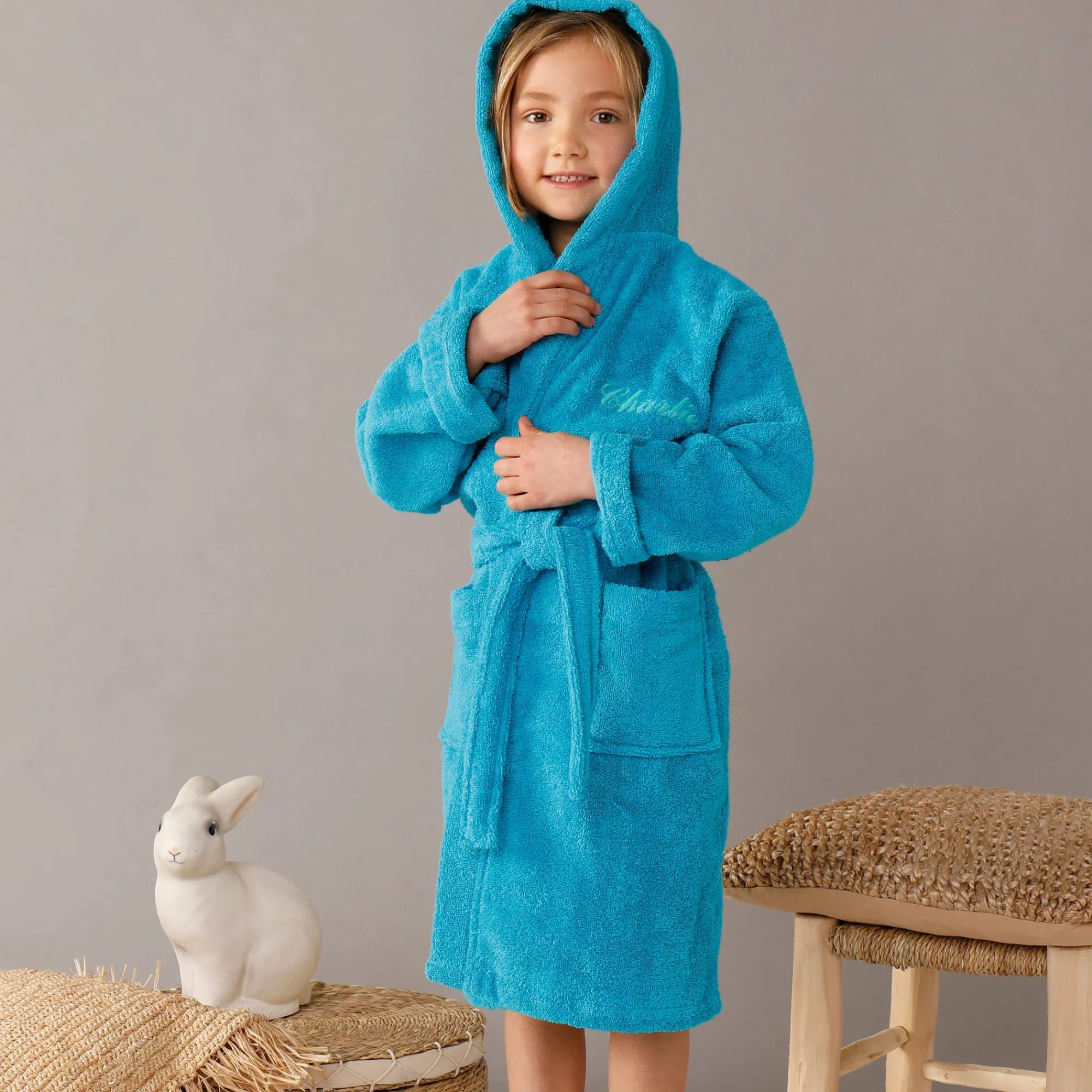 Badjas|Handdoek En Badlaken Kids<Colombine des petits Personaliseerbare badjas met kap in badstof, kinderen turkoois
