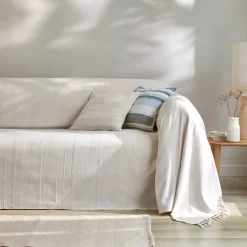 Zeildoekstof<Blancheporte Plaid of sprei, effen katoen met artisanaal weefsel ecru