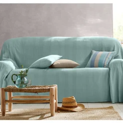 Zeildoekstof<Blancheporte Plaid of sprei, effen katoen met artisanaal weefsel celadon