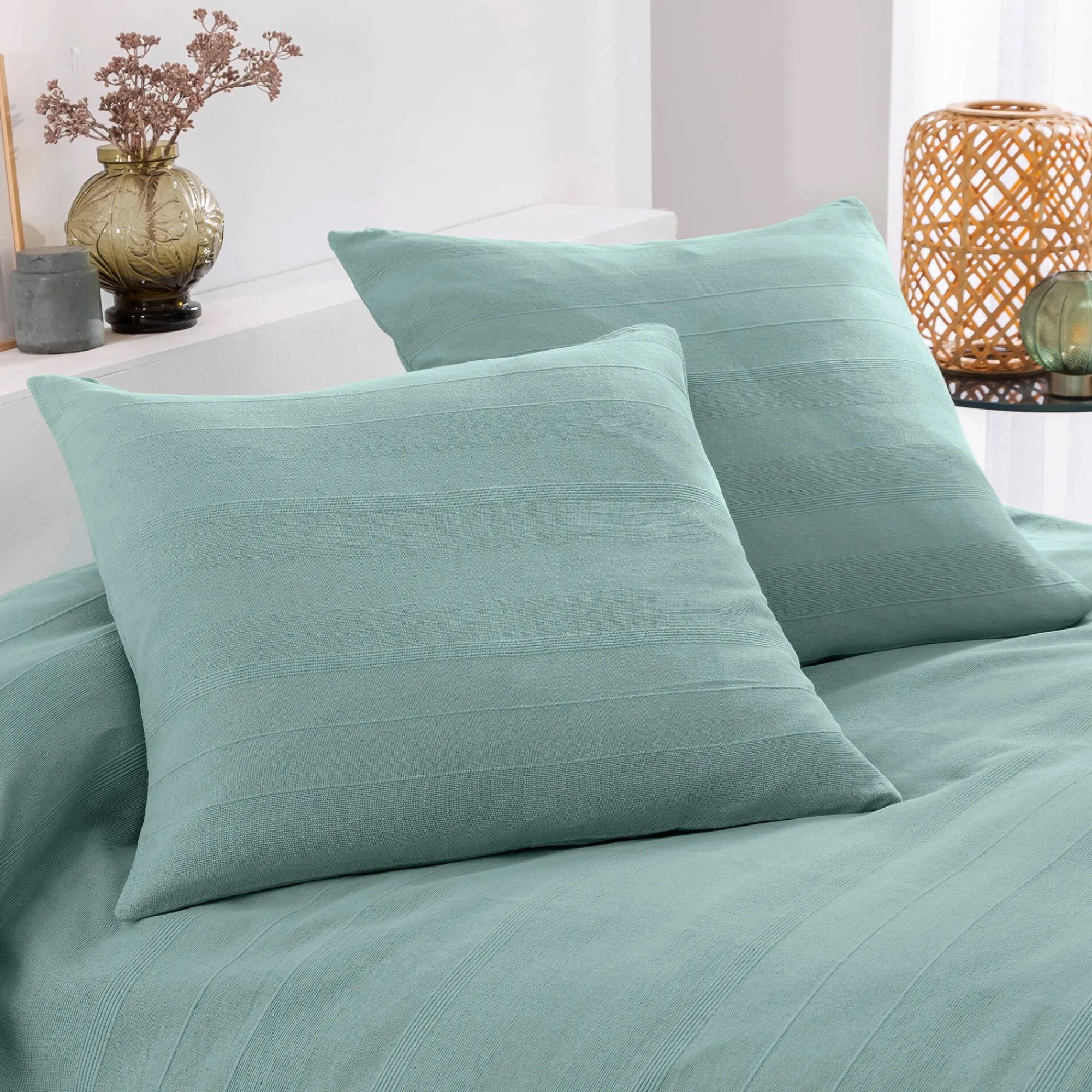 Zeildoekstof<Blancheporte Plaid of sprei, effen katoen met artisanaal weefsel celadon