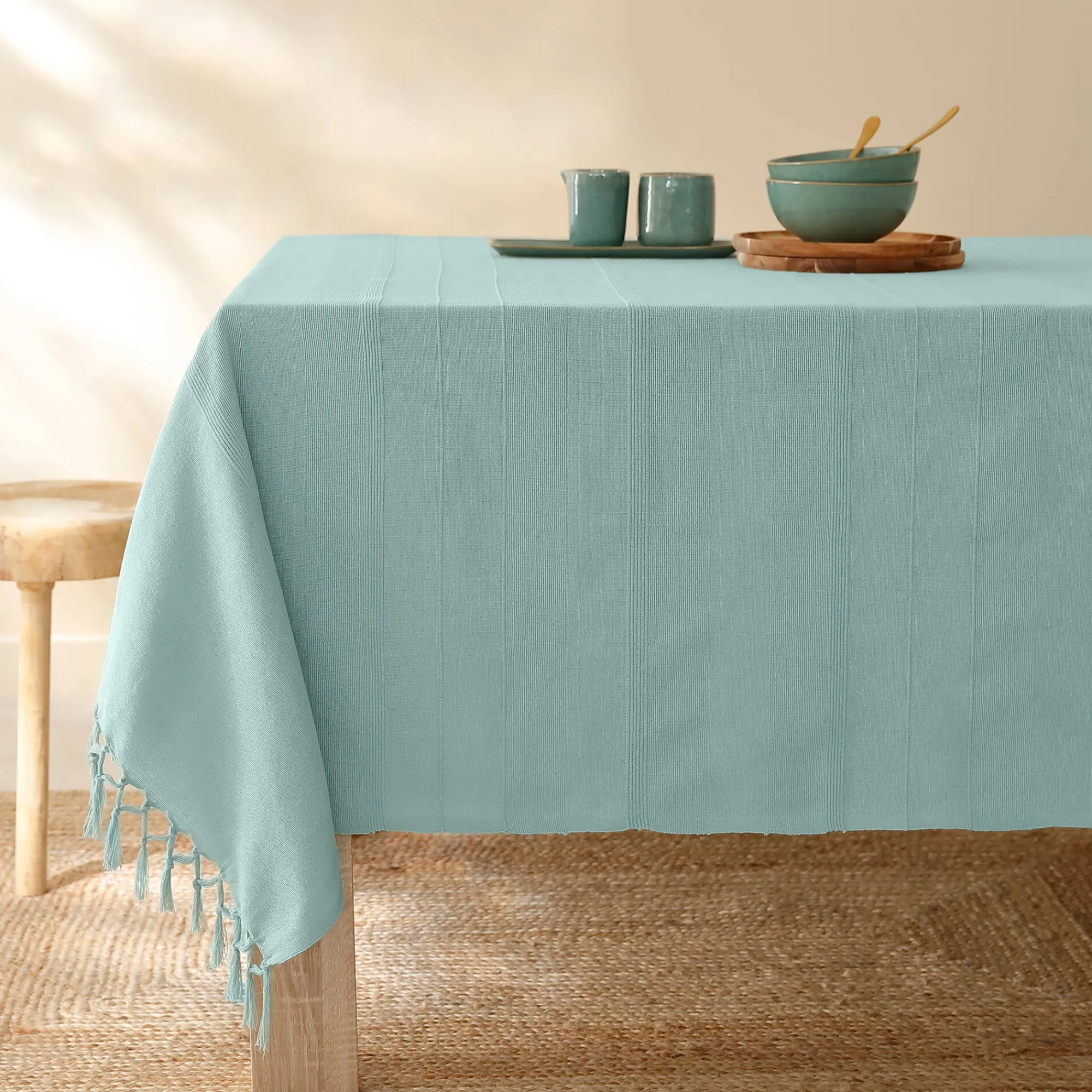 Zeildoekstof<Blancheporte Plaid of sprei, effen katoen met artisanaal weefsel celadon