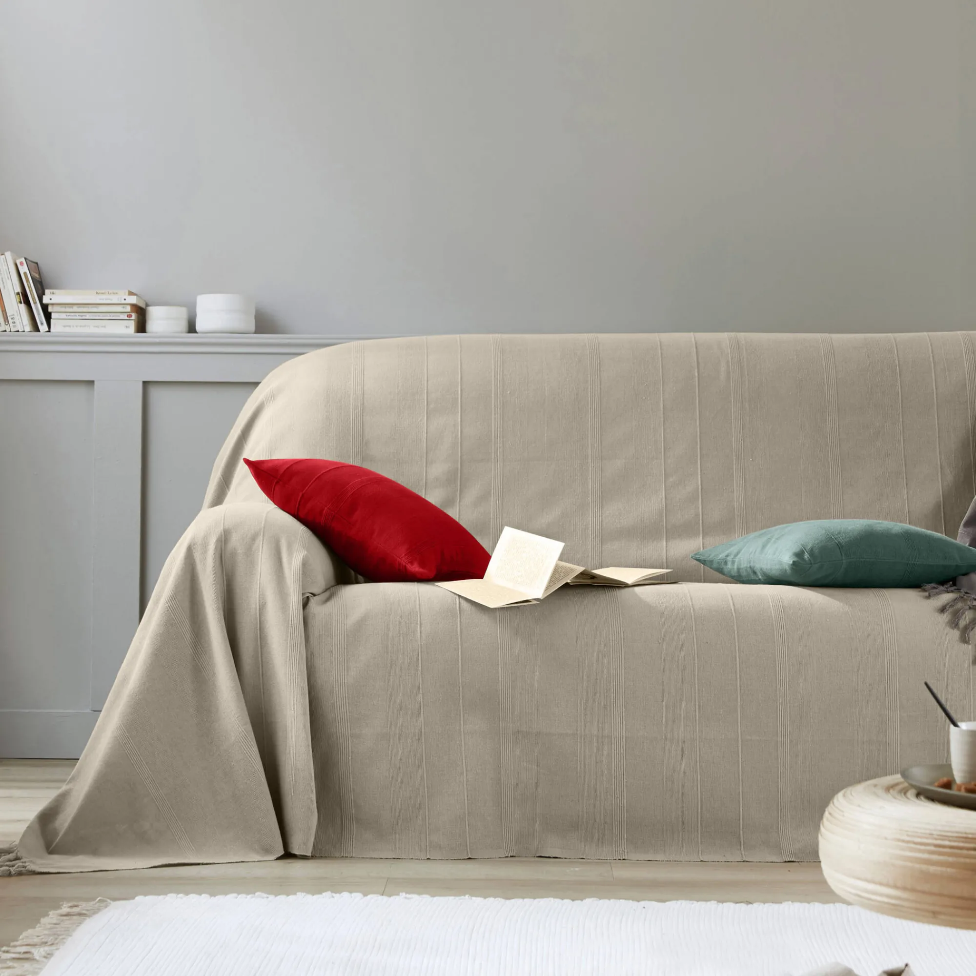 Zeildoekstof<Blancheporte Plaid of sprei, effen katoen met artisanaal weefsel vlaskleur