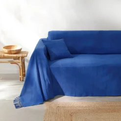 Zeildoekstof<Blancheporte Plaid of sprei, effen katoen met artisanaal weefsel blauw