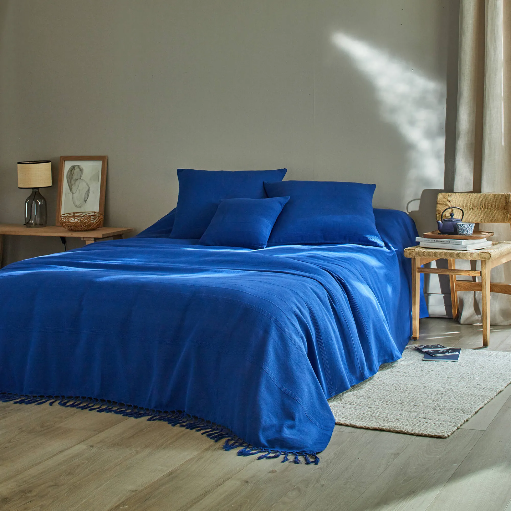 Zeildoekstof<Blancheporte Plaid of sprei, effen katoen met artisanaal weefsel blauw