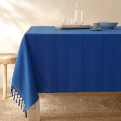 Zeildoekstof<Blancheporte Plaid of sprei, effen katoen met artisanaal weefsel blauw