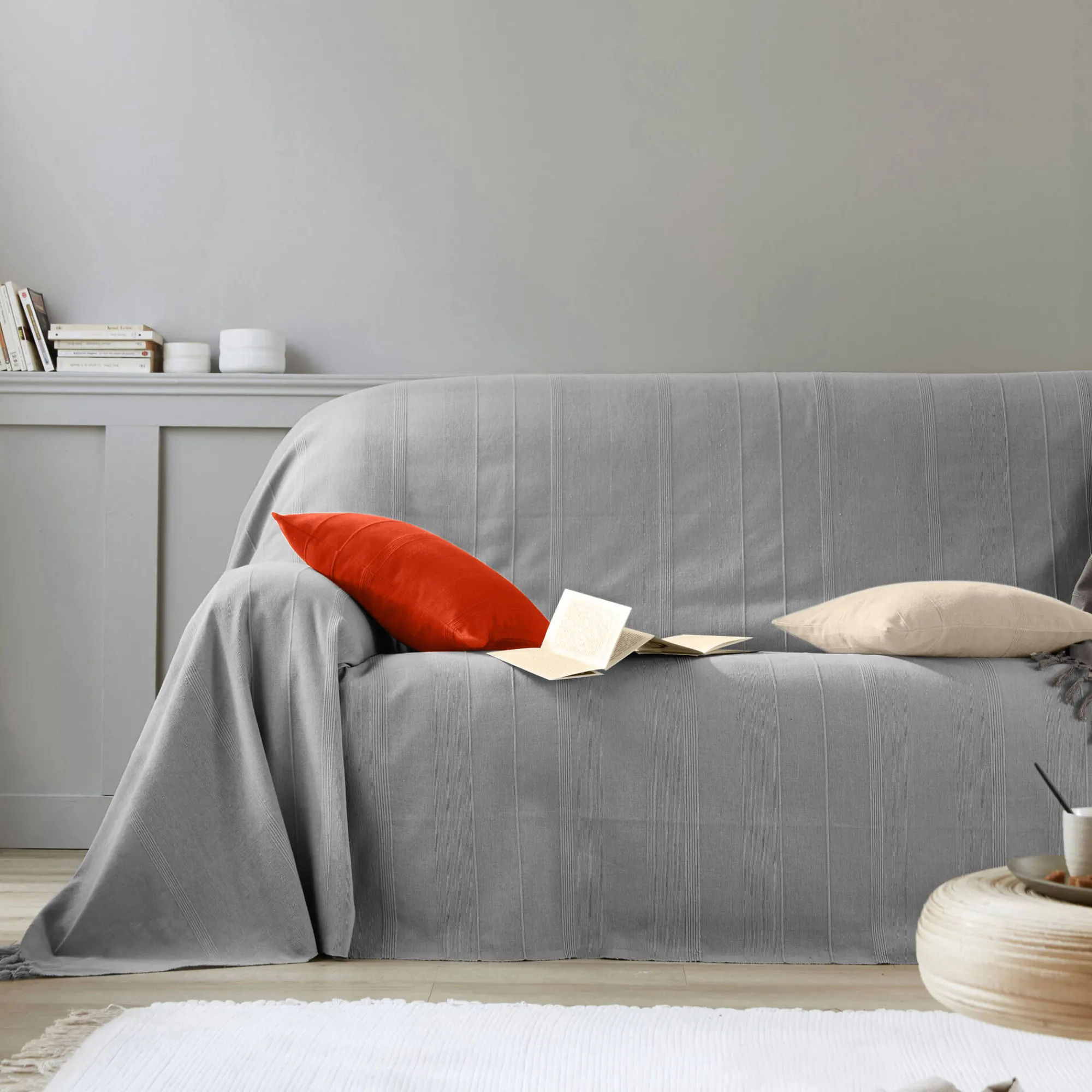 Zeildoekstof<Blancheporte Plaid of sprei, effen katoen met artisanaal weefsel parelgrijs