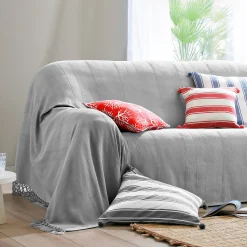 Zeildoekstof<Blancheporte Plaid of sprei, effen katoen met artisanaal weefsel parelgrijs