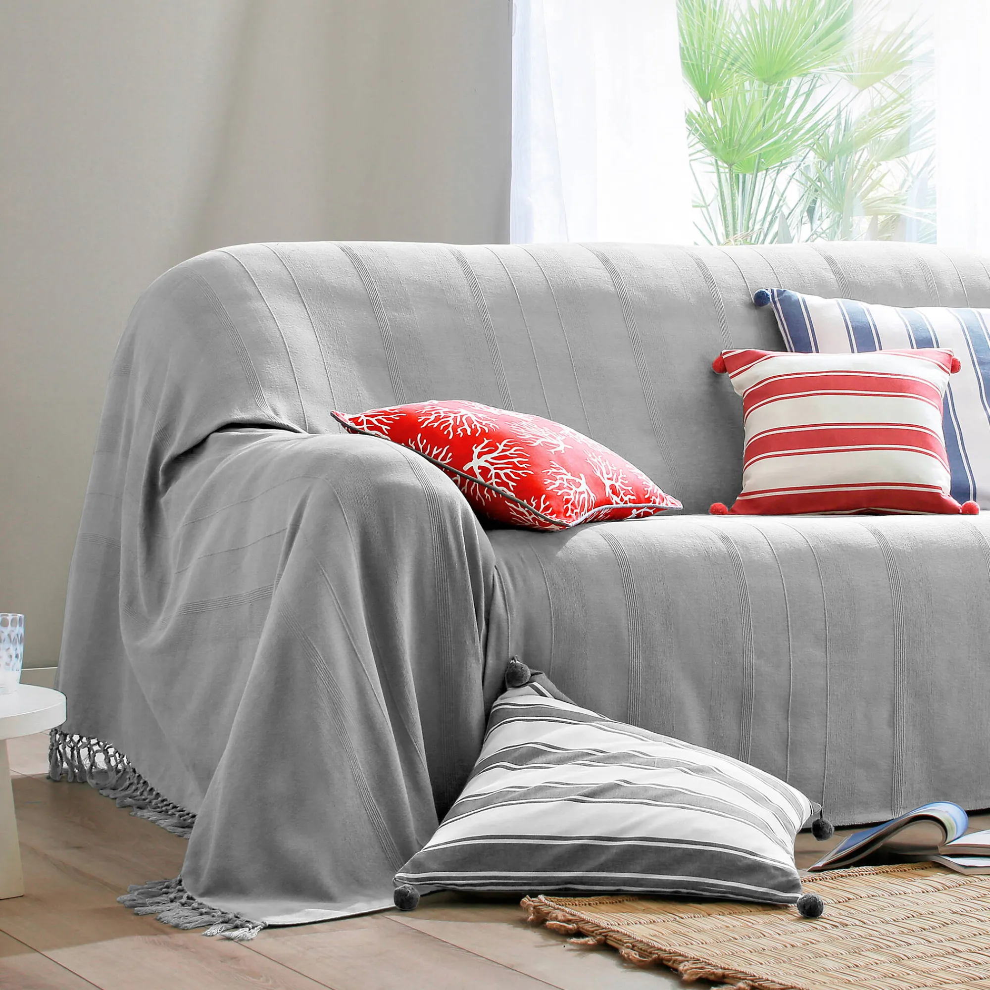 Zeildoekstof<Blancheporte Plaid of sprei, effen katoen met artisanaal weefsel parelgrijs