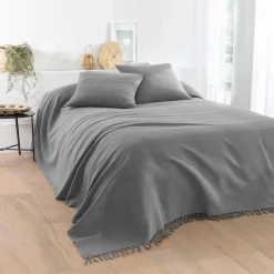 Zeildoekstof<Blancheporte Plaid of sprei, effen katoen met artisanaal weefsel parelgrijs