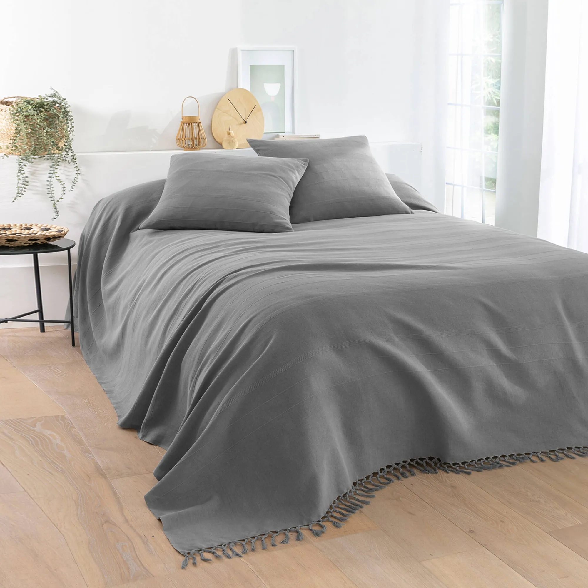 Zeildoekstof<Blancheporte Plaid of sprei, effen katoen met artisanaal weefsel parelgrijs