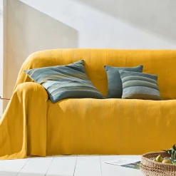 Zeildoekstof<Blancheporte Plaid of sprei, effen katoen met artisanaal weefsel kerrie