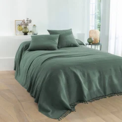 Zeildoekstof<Blancheporte Plaid of sprei, effen katoen met artisanaal weefsel grijsgroen