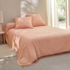 Zeildoekstof<Blancheporte Plaid of sprei, effen katoen met artisanaal weefsel roze