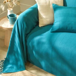 Zeildoekstof<Blancheporte Plaid of sprei, effen katoen met artisanaal weefsel eendenblauw
