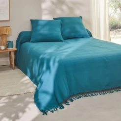 Zeildoekstof<Blancheporte Plaid of sprei, effen katoen met artisanaal weefsel eendenblauw