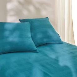 Zeildoekstof<Blancheporte Plaid of sprei, effen katoen met artisanaal weefsel eendenblauw