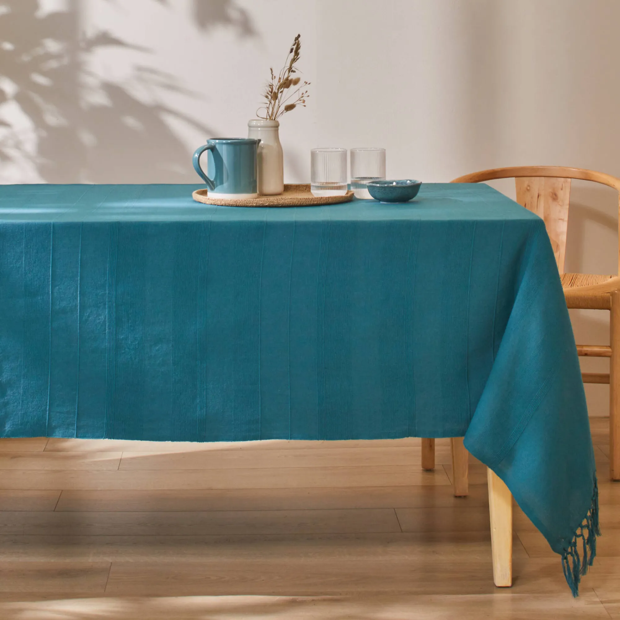 Zeildoekstof<Blancheporte Plaid of sprei, effen katoen met artisanaal weefsel eendenblauw