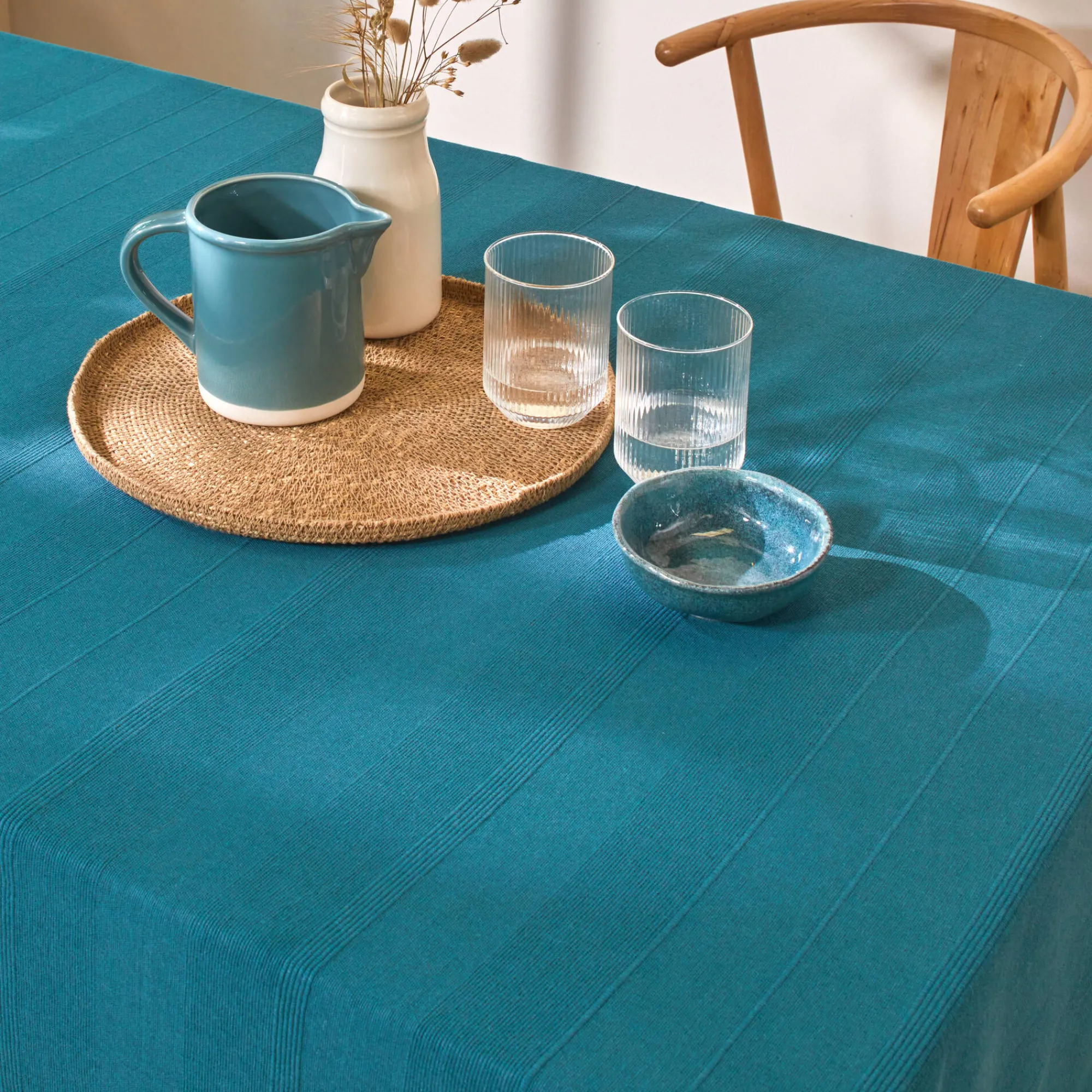 Zeildoekstof<Blancheporte Plaid of sprei, effen katoen met artisanaal weefsel eendenblauw
