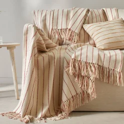 Zeildoekstof<Blancheporte Plaid of zitbanksprei in artisanaal weefsel naturel / terracotta