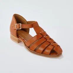Sandalen En Espadrilles|Schoenen<Blancheporte Platte, leren sandalen karamel