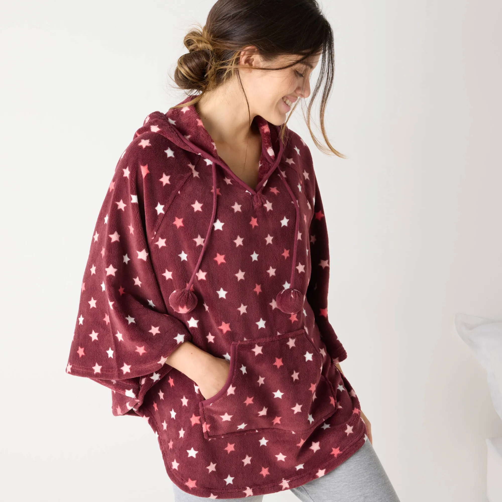 Peignoir En Kamerjas<Blancheporte Poncho in fleece met pluchetouch en kap bordeaux / koraal