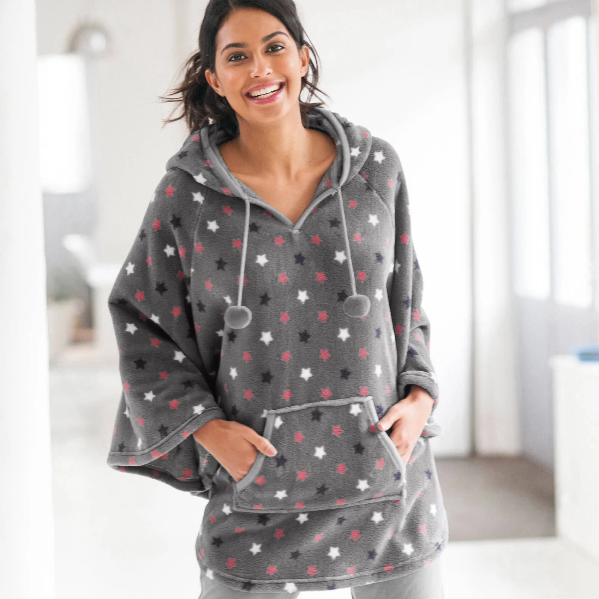 Peignoir En Kamerjas<Blancheporte Poncho in fleece met pluchetouch en kap grijs / roze