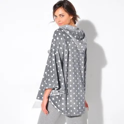 Peignoir En Kamerjas<Blancheporte Poncho in fleece met pluchetouch en kap grijs/bolletjesprint