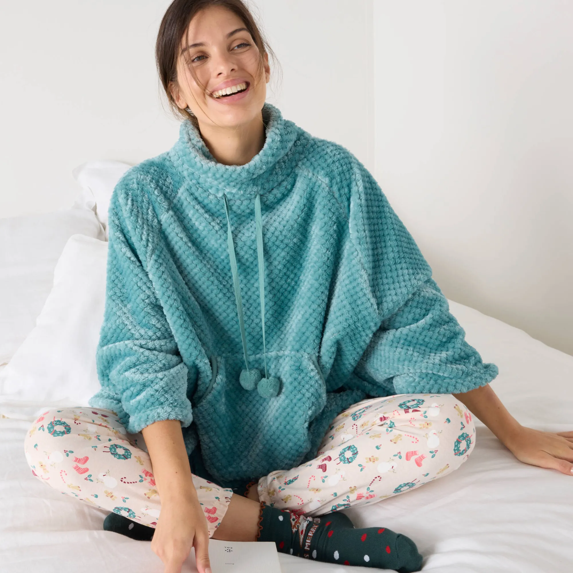 Peignoir En Kamerjas<Blancheporte Poncho in fleecetricot met textuur, opstaande kraag grijsblauw