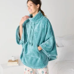 Peignoir En Kamerjas<Blancheporte Poncho in fleecetricot met textuur, opstaande kraag grijsblauw