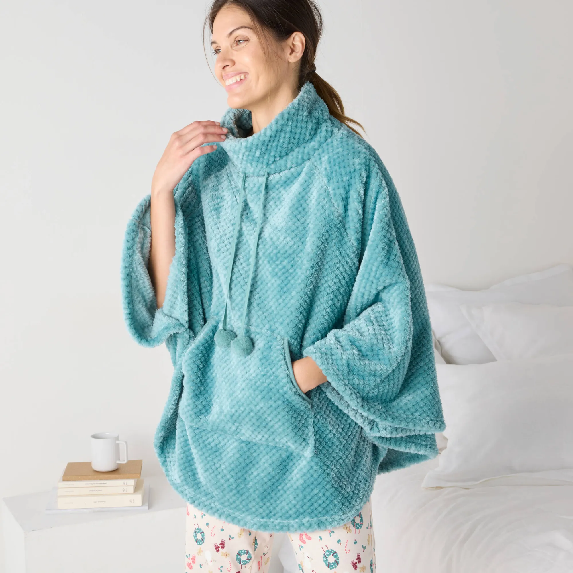 Peignoir En Kamerjas<Blancheporte Poncho in fleecetricot met textuur, opstaande kraag grijsblauw