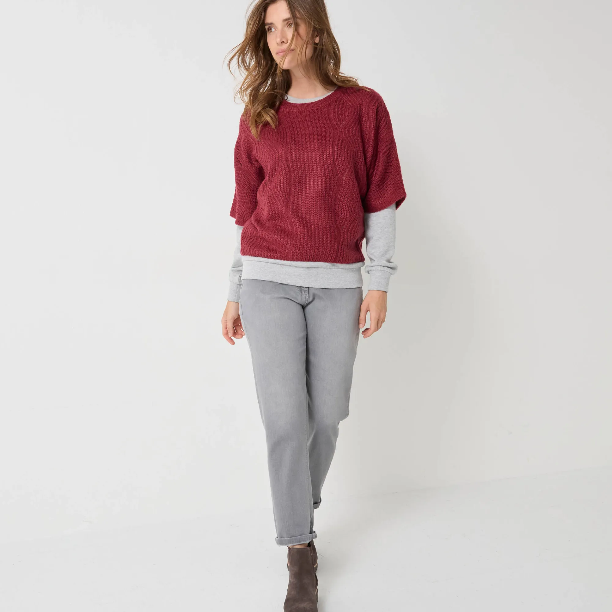 Trui En Vest<Blancheporte Poncho trui met mouwen op ellebooglengte bordeaux