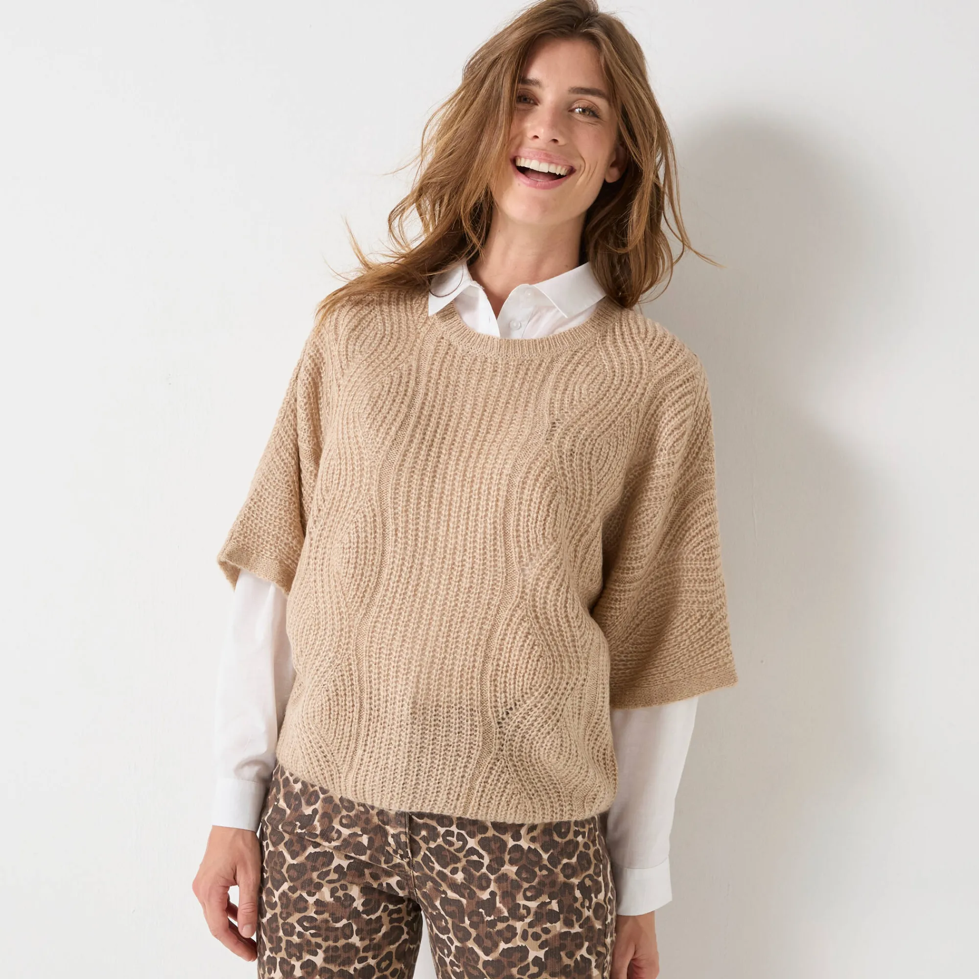 Trui En Vest<Blancheporte Poncho trui met mouwen op ellebooglengte chiné beige