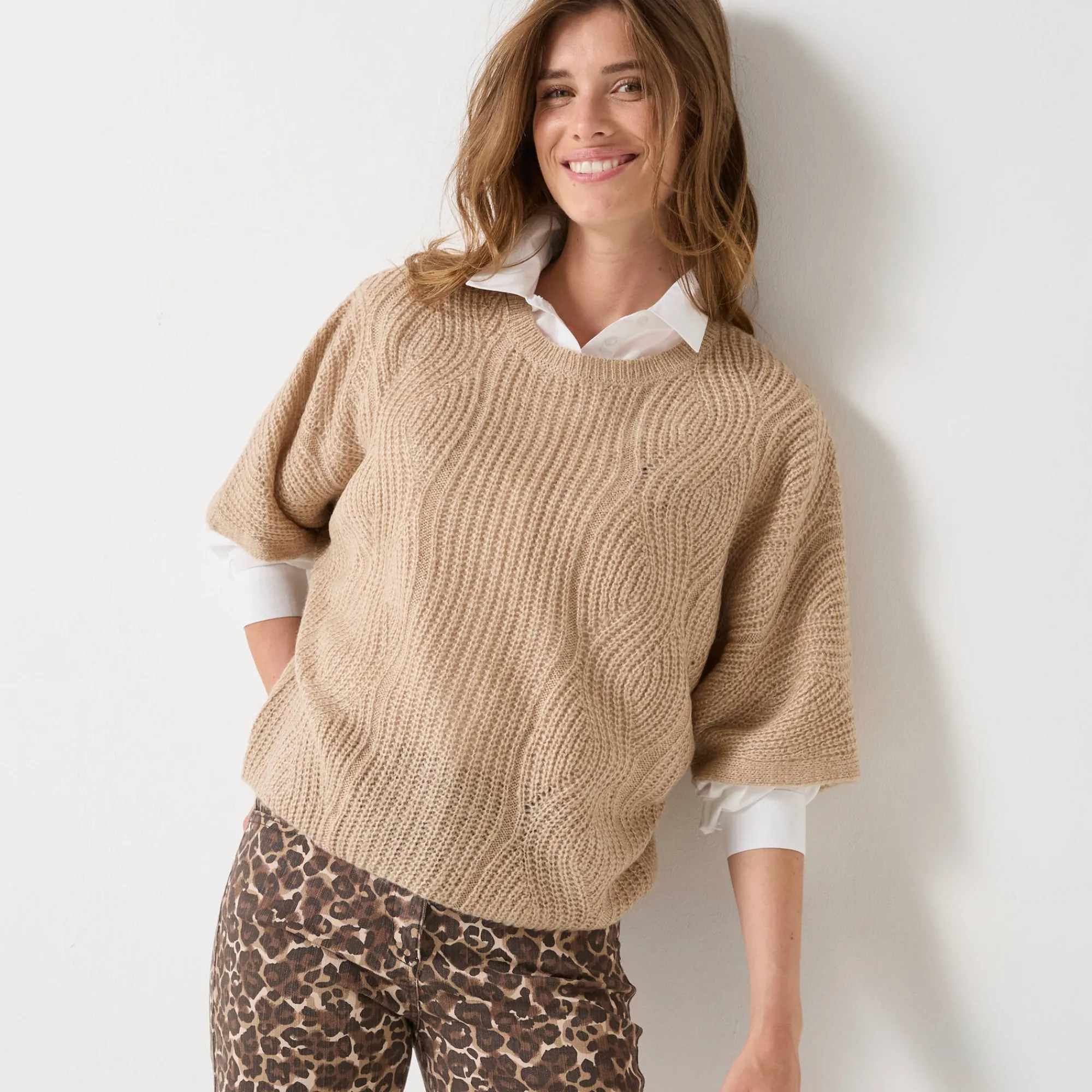 Trui En Vest<Blancheporte Poncho trui met mouwen op ellebooglengte chiné beige