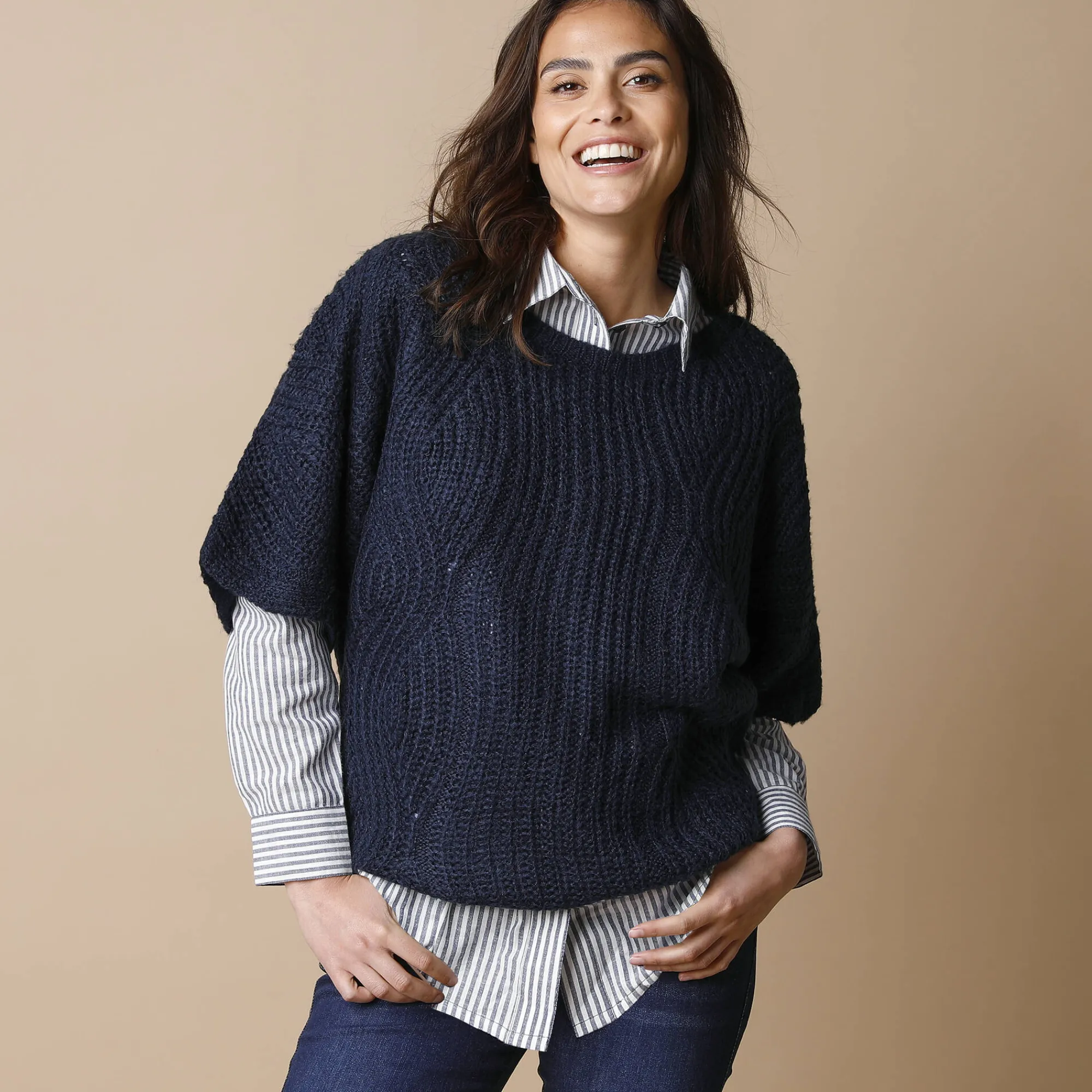 Trui En Vest<Blancheporte Poncho trui met mouwen op ellebooglengte marine