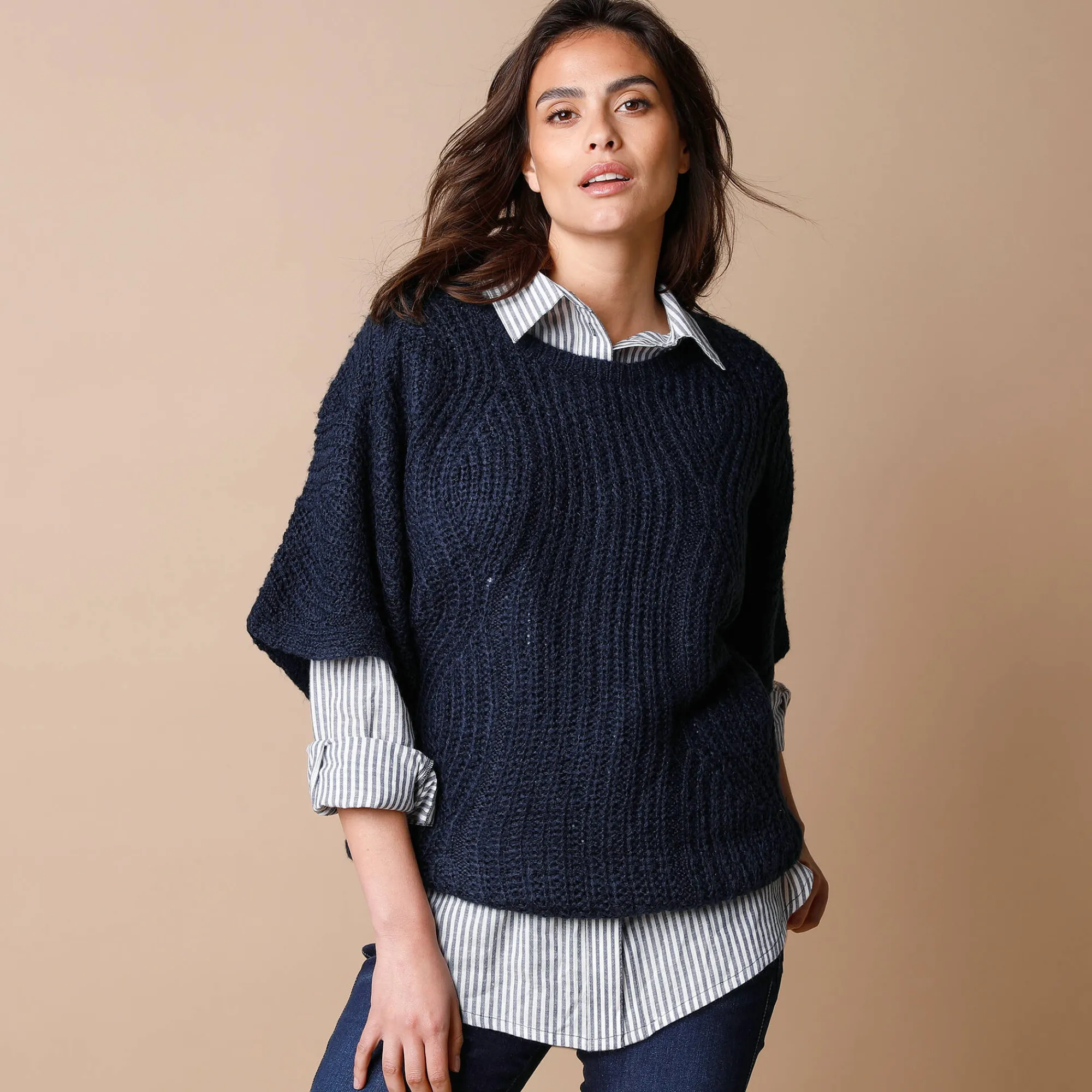 Trui En Vest<Blancheporte Poncho trui met mouwen op ellebooglengte marine
