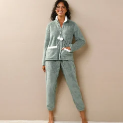 Pyjama<Blancheporte Pyjama in fleece, jasje met rits en pompons kaki / ecru