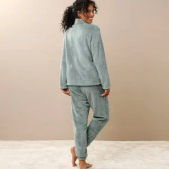 Pyjama<Blancheporte Pyjama in fleece, jasje met rits en pompons kaki / ecru
