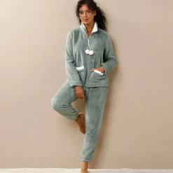Pyjama<Blancheporte Pyjama in fleece, jasje met rits en pompons kaki / ecru