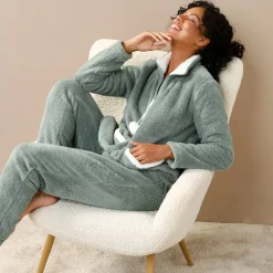 Pyjama<Blancheporte Pyjama in fleece, jasje met rits en pompons kaki / ecru
