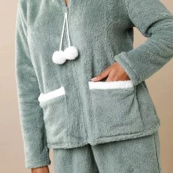 Pyjama<Blancheporte Pyjama in fleece, jasje met rits en pompons kaki / ecru